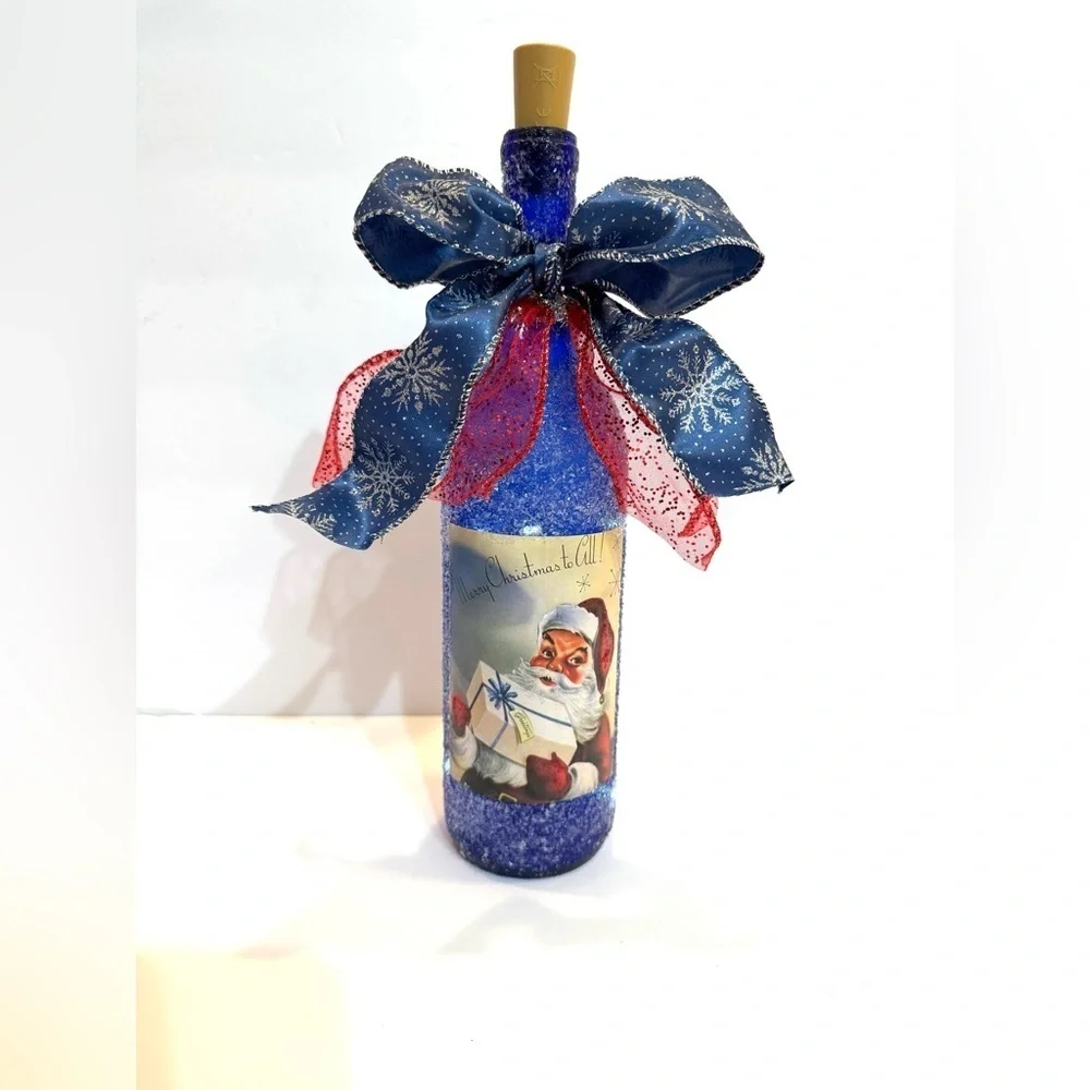 NEW OOAK Blue Santa Icy Lighted Christmas Wine Bottle Holiday Decor